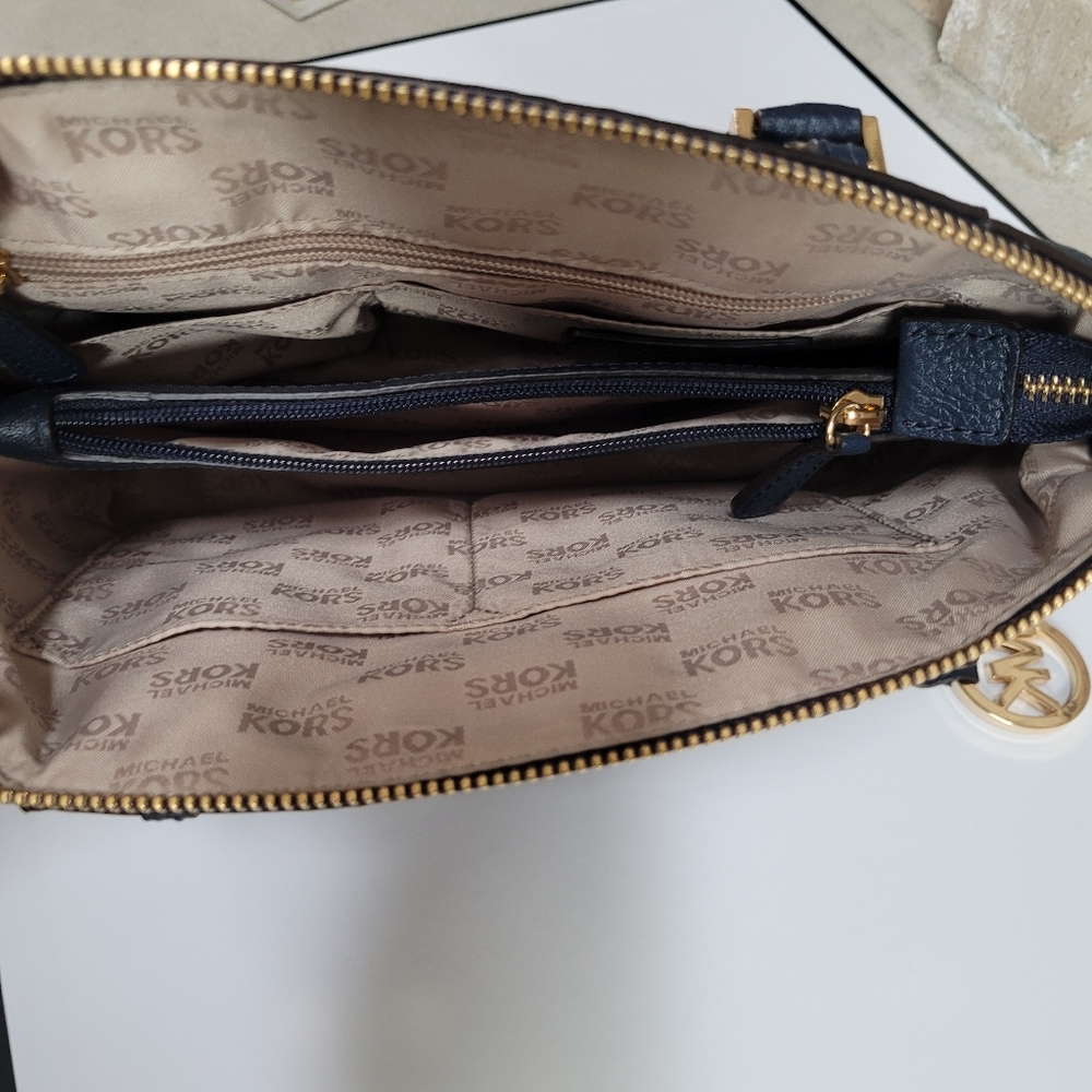 Like New Michael Kors Riley Blue Studded Patchwork Satchel - Picture 8 of 15